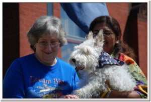 Chaucer and Carmen Madrid with Children's Librarian Georgianna Connor at the Ingalls Memorial Library